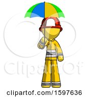 Poster, Art Print Of Yellow Firefighter Fireman Man Holding Umbrella Rainbow Colored