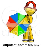 Poster, Art Print Of Yellow Firefighter Fireman Man Holding Rainbow Umbrella Out To Viewer