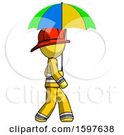 Poster, Art Print Of Yellow Firefighter Fireman Man Walking With Colored Umbrella