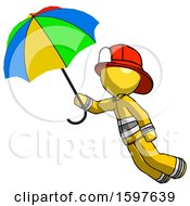 Poster, Art Print Of Yellow Firefighter Fireman Man Flying With Rainbow Colored Umbrella