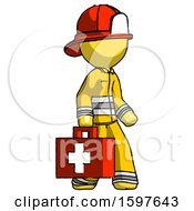 Poster, Art Print Of Yellow Firefighter Fireman Man Walking With Medical Aid Briefcase To Right