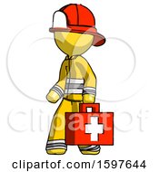Poster, Art Print Of Yellow Firefighter Fireman Man Walking With Medical Aid Briefcase To Left