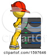 Poster, Art Print Of Yellow Firefighter Fireman Man Resting Against Server Rack