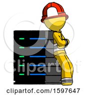 Poster, Art Print Of Yellow Firefighter Fireman Man Resting Against Server Rack Viewed At Angle