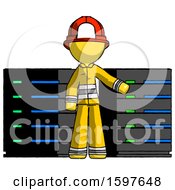 Poster, Art Print Of Yellow Firefighter Fireman Man With Server Racks In Front Of Two Networked Systems