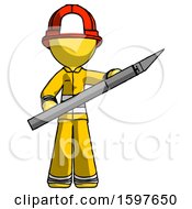 Poster, Art Print Of Yellow Firefighter Fireman Man Holding Large Scalpel