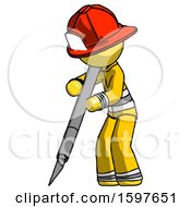 Yellow Firefighter Fireman Man Cutting With Large Scalpel