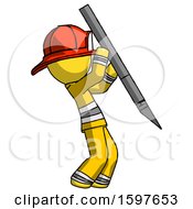 Poster, Art Print Of Yellow Firefighter Fireman Man Stabbing Or Cutting With Scalpel