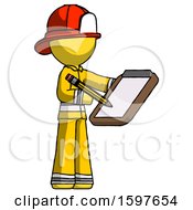 Poster, Art Print Of Yellow Firefighter Fireman Man Using Clipboard And Pencil