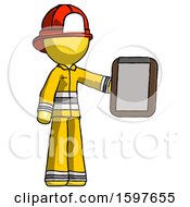 Poster, Art Print Of Yellow Firefighter Fireman Man Showing Clipboard To Viewer
