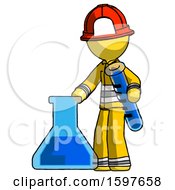 Poster, Art Print Of Yellow Firefighter Fireman Man Holding Test Tube Beside Beaker Or Flask