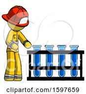 Poster, Art Print Of Yellow Firefighter Fireman Man Using Test Tubes Or Vials On Rack