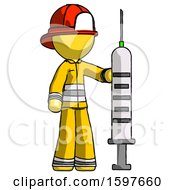 Yellow Firefighter Fireman Man Holding Large Syringe