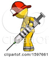 Poster, Art Print Of Yellow Firefighter Fireman Man Using Syringe Giving Injection