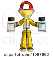 Yellow Firefighter Fireman Man Holding Two Medicine Bottles