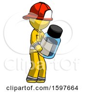 Yellow Firefighter Fireman Man Holding Glass Medicine Bottle