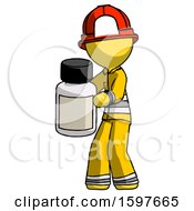 Poster, Art Print Of Yellow Firefighter Fireman Man Holding White Medicine Bottle