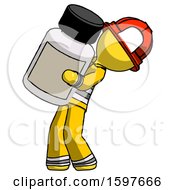 Yellow Firefighter Fireman Man Holding Large White Medicine Bottle