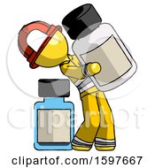 Yellow Firefighter Fireman Man Holding Large White Medicine Bottle With Bottle In Background