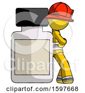 Poster, Art Print Of Yellow Firefighter Fireman Man Leaning Against Large Medicine Bottle