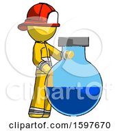 Poster, Art Print Of Yellow Firefighter Fireman Man Standing Beside Large Round Flask Or Beaker
