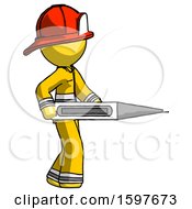 Poster, Art Print Of Yellow Firefighter Fireman Man Walking With Large Thermometer