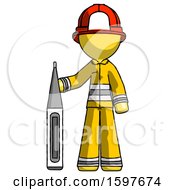 Yellow Firefighter Fireman Man Standing With Large Thermometer