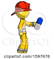 Poster, Art Print Of Yellow Firefighter Fireman Man Holding Blue Pill Walking To Right
