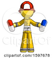 Yellow Firefighter Fireman Man Holding A Red Pill And Blue Pill