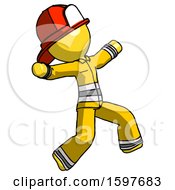 Poster, Art Print Of Yellow Firefighter Fireman Man Running Away In Hysterical Panic Direction Right