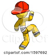 Poster, Art Print Of Yellow Firefighter Fireman Man Kick Pose Start
