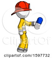 White Firefighter Fireman Man Holding Blue Pill Walking To Right