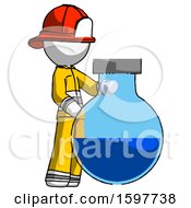 Poster, Art Print Of White Firefighter Fireman Man Standing Beside Large Round Flask Or Beaker