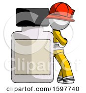 Poster, Art Print Of White Firefighter Fireman Man Leaning Against Large Medicine Bottle