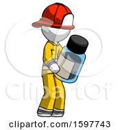 White Firefighter Fireman Man Holding Glass Medicine Bottle