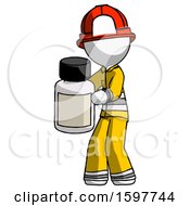 White Firefighter Fireman Man Holding White Medicine Bottle
