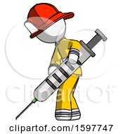 Poster, Art Print Of White Firefighter Fireman Man Using Syringe Giving Injection