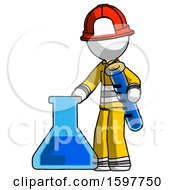 Poster, Art Print Of White Firefighter Fireman Man Holding Test Tube Beside Beaker Or Flask