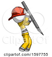 Poster, Art Print Of White Firefighter Fireman Man Stabbing Or Cutting With Scalpel