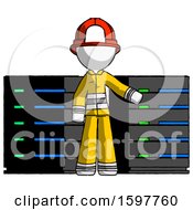 Poster, Art Print Of White Firefighter Fireman Man With Server Racks In Front Of Two Networked Systems
