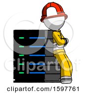 Poster, Art Print Of White Firefighter Fireman Man Resting Against Server Rack Viewed At Angle