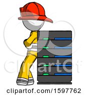Poster, Art Print Of White Firefighter Fireman Man Resting Against Server Rack