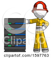 Poster, Art Print Of White Firefighter Fireman Man With Server Rack Leaning Confidently Against It