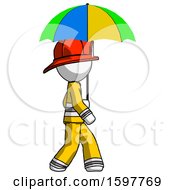 White Firefighter Fireman Man Walking With Colored Umbrella