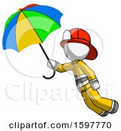 White Firefighter Fireman Man Flying With Rainbow Colored Umbrella