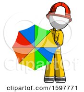 Poster, Art Print Of White Firefighter Fireman Man Holding Rainbow Umbrella Out To Viewer