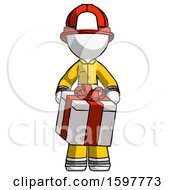 Poster, Art Print Of White Firefighter Fireman Man Gifting Present With Large Bow Front View