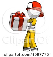 Poster, Art Print Of White Firefighter Fireman Man Presenting A Present With Large Red Bow On It