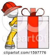 Poster, Art Print Of White Firefighter Fireman Man Gift Concept - Leaning Against Large Present