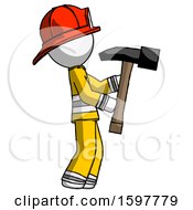 Poster, Art Print Of White Firefighter Fireman Man Hammering Something On The Right